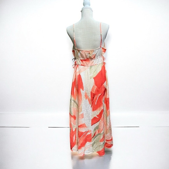 🌻H&M Coral Patterned Drawstring Detail Midi Dress Size Large - Picture 9 of 12